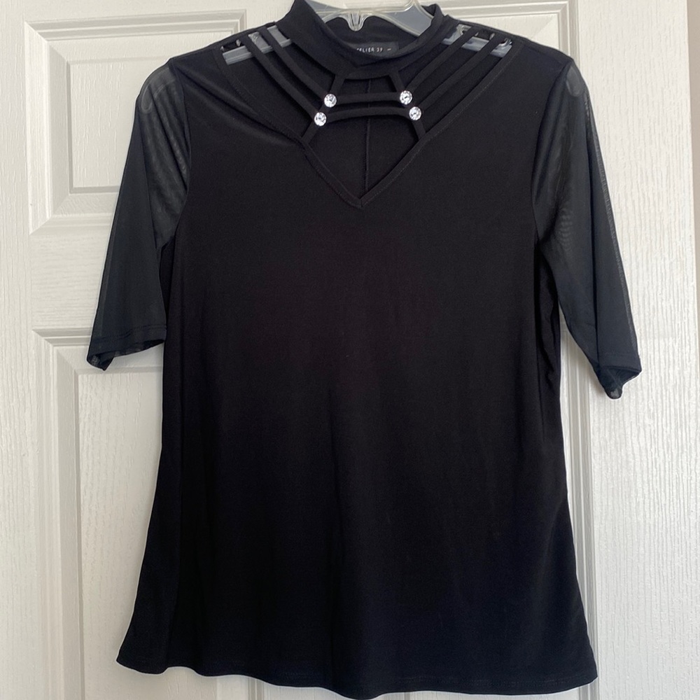 Caged and rhinestone neckline top